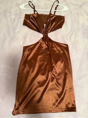 Brown Satin Cutout Midi Dress with Twist Detail